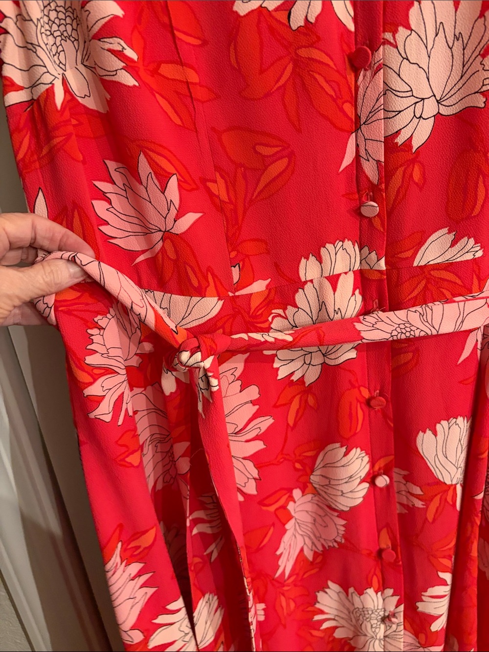 Talbots Chrysanthemum Midi Shirt Dress Womens Petite Size 14 Pink Floral Belted - Picture 5 of 5